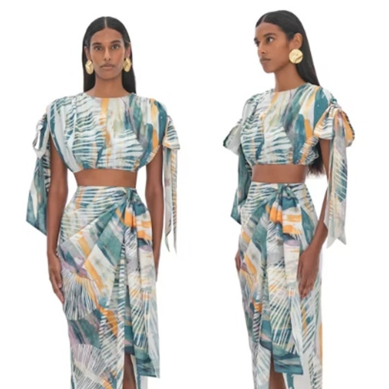 Nwt Andrea Iyamah Halima Bow Crop Top Abstract Bark Women's Size M Boho Beach